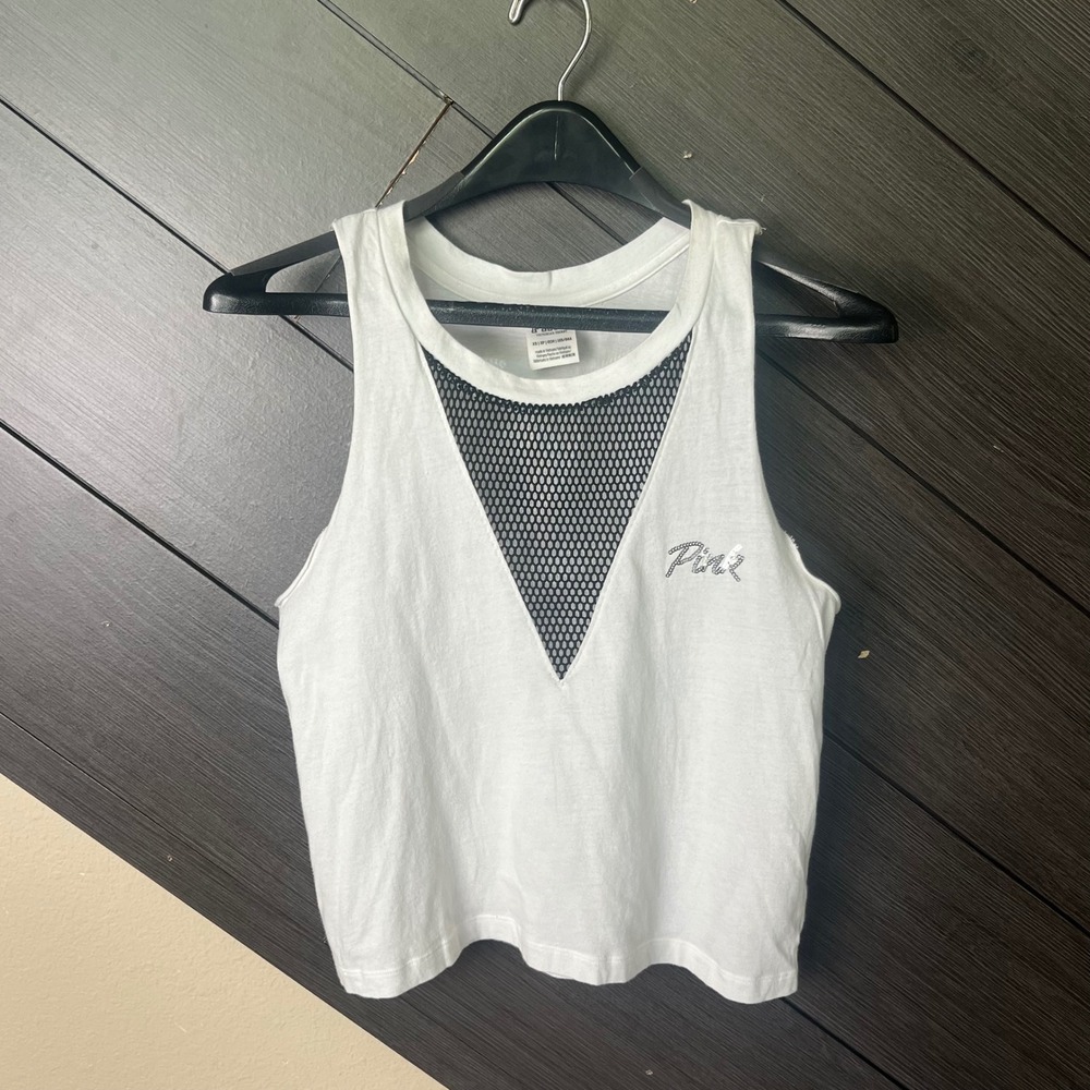 Victoria's Secret PINK Women's Mesh Insert Crop Tank XS‎ White Y2K Graphic